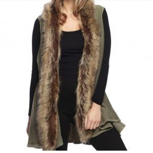 Green olive long vest with faux fur trim. NWOT